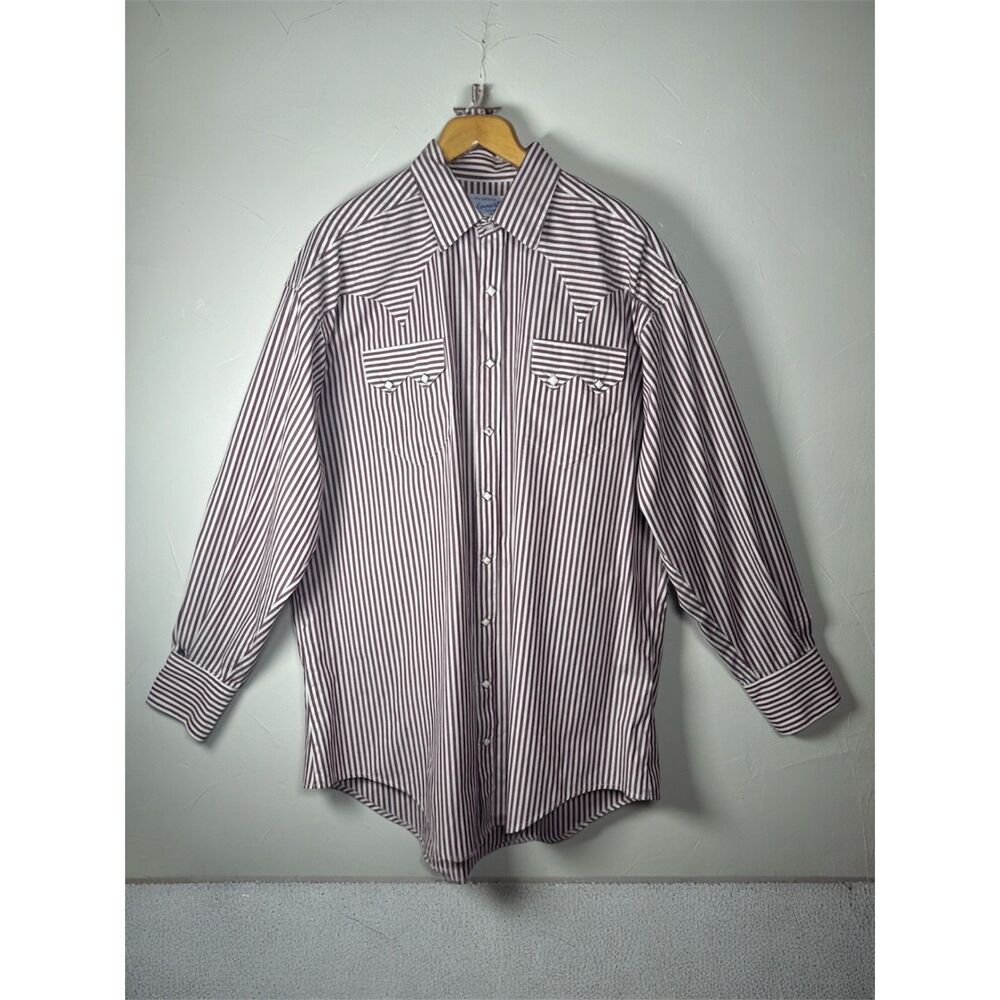 Rockmount Ranch Wear Burgundy Striped Snap Shirt Men's Size Large Vintage USA